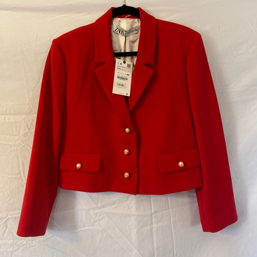 ZARA Red Cropped Blazer Jacket Pearl Buttons NWT
